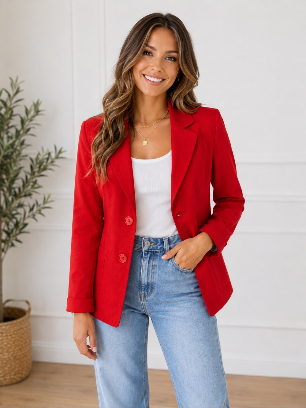 Women's Red Tailored Blazer with Notch Lapel